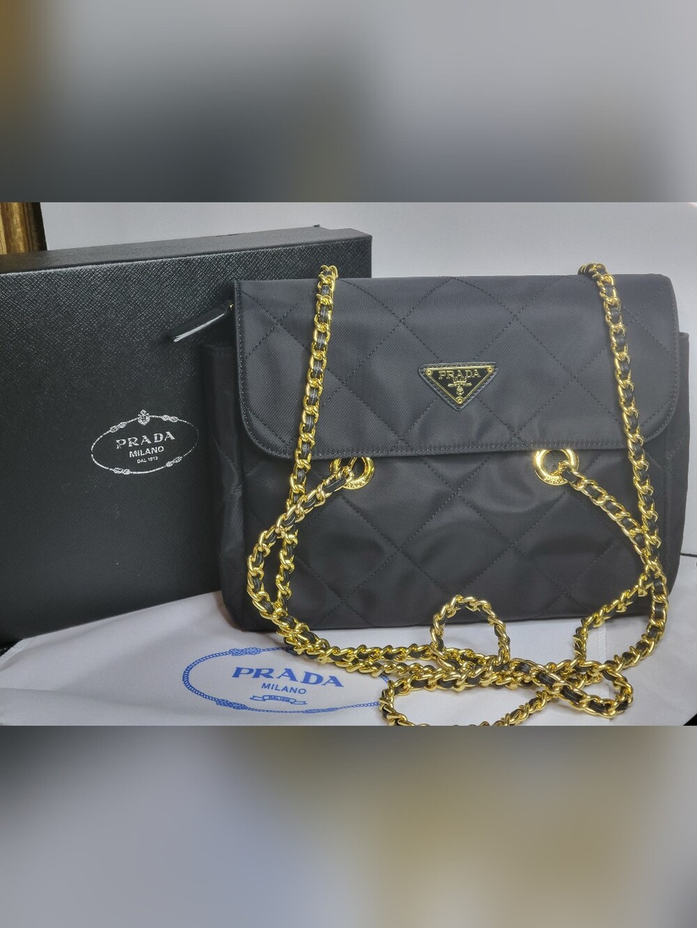 GWP Prada Black Quilted Tessuto Nylon Chain Bag 9"x8", New In Box - Picture 7 of 15